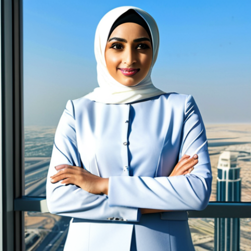 Home 11 A successful Arab businesswoman in a modern hijab and professional business attire, standing confidently in a high-rise office overlooking Dubai, fully clothed, appropriate content, safe for work, professional, perfect anatomy, natural pose, high quality.