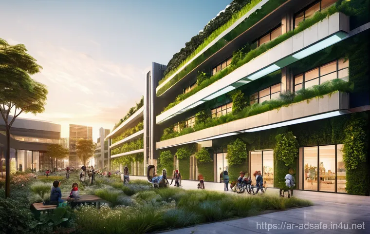 행정안전 관련 최신 이슈와 전망 - **Prompt:** A bustling, vibrant smart city plaza at sunset, showcasing advanced, sustainable urban l...