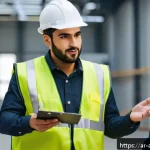 Home 19 행정안전 자격증과 관련된 지원 혜택 - A professional Middle Eastern man in business attire wearing a neat safety vest and a hard hat, conf...