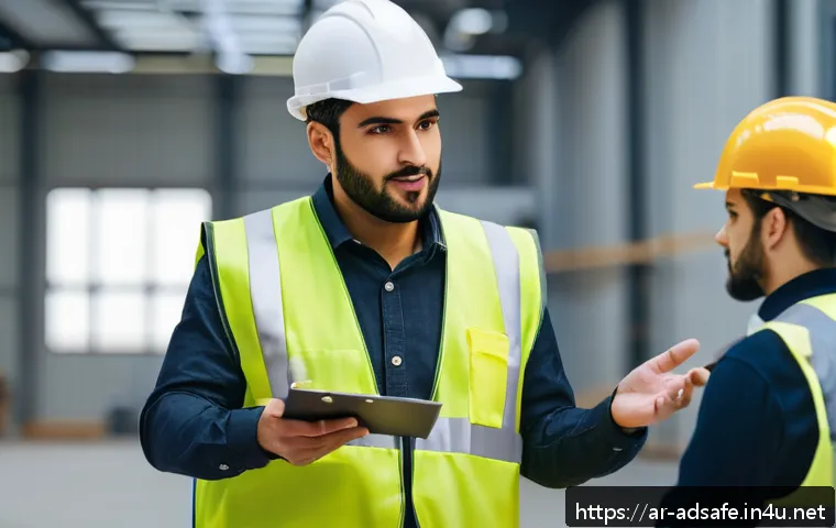 행정안전 자격증과 관련된 지원 혜택 - A professional Middle Eastern man in business attire wearing a neat safety vest and a hard hat, conf...
