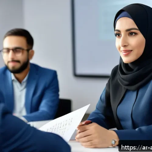 Home 17 행정안전 전문가와 멘토링 프로그램 참여 후기 - A professional Middle Eastern businesswoman wearing a modest, elegant abaya and hijab, engaged in a ...