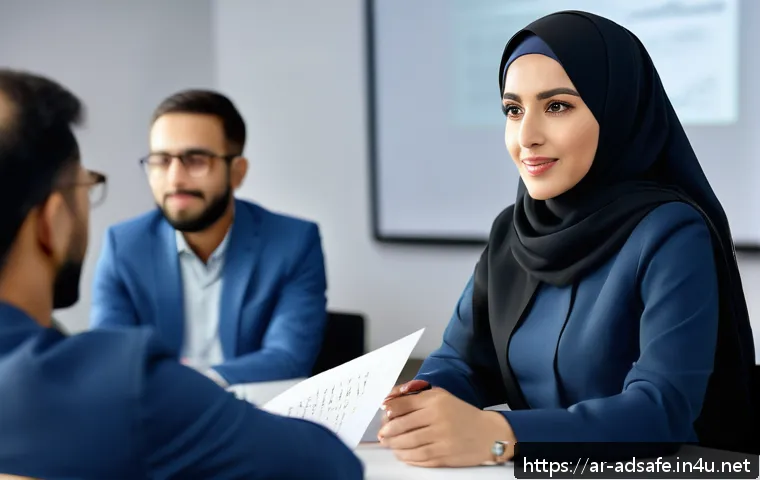 행정안전 전문가와 멘토링 프로그램 참여 후기 - A professional Middle Eastern businesswoman wearing a modest, elegant abaya and hijab, engaged in a ...