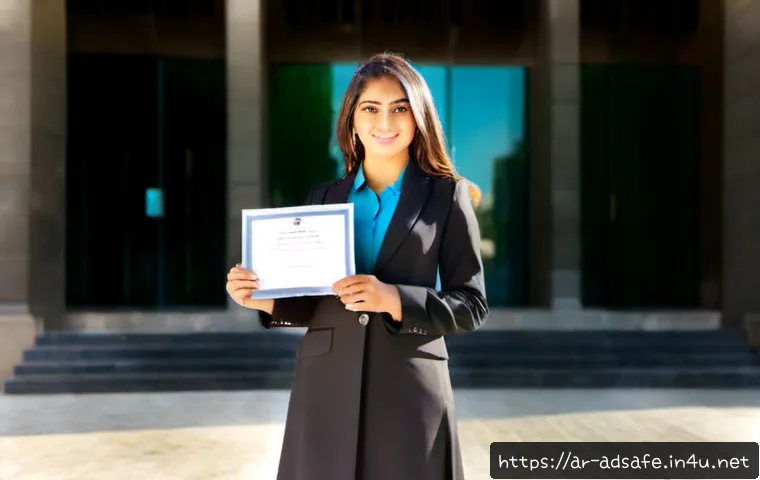 행정안전 자격증 취득의 중요성 - Photorealistic Arab young professional in modest business attire holding a clean unmarked certificat...